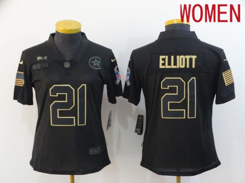 Women Dallas Cowboys #21 Elliott Black Retro Gold Lettering 2020 Nike NFL Jersey->women nfl jersey->Women Jersey